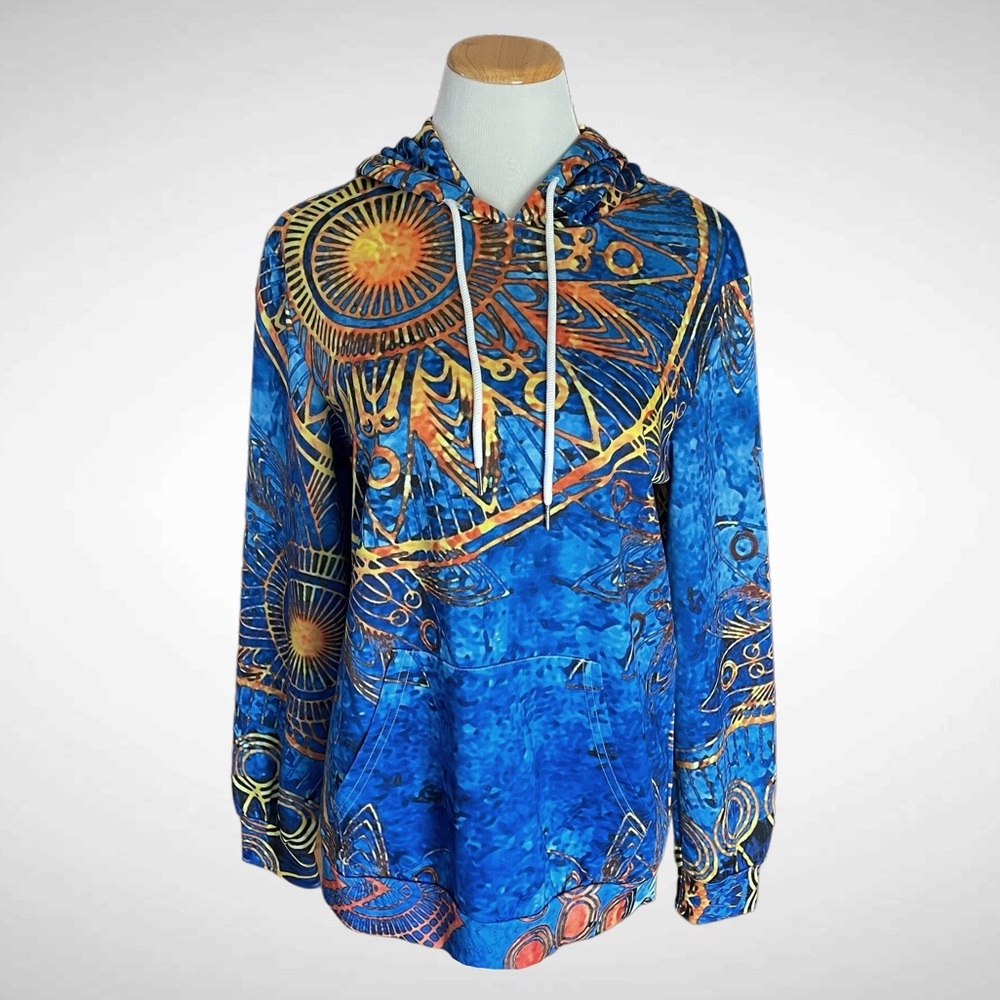 Xuan Ying Graphic Pullover Drawstring Hoodie Tribal Design Long Sleeves
